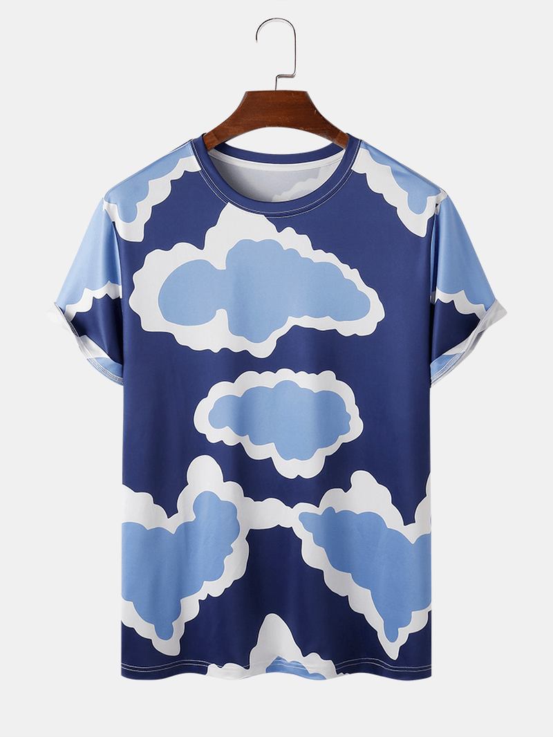 Herre Cloud Med Trykk Crew Neck Løse Ferie Kortermede T-skjorter