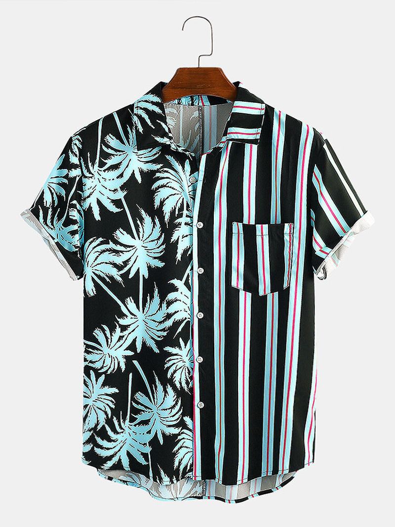 Herreklær 2024 Sommernye Kokosnøtttrykk For Menn Stripesøm Uformell Ferieskjorte Kortermet Camisas Para Hombre