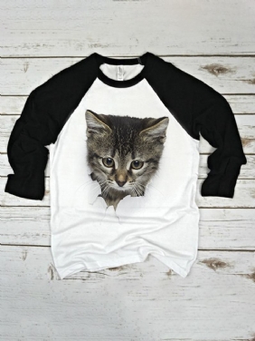 Kvinner 3d Cute Kattetrykk Raglan-ermer Regular Fit Fritids T-skjorte Med Rund Hals