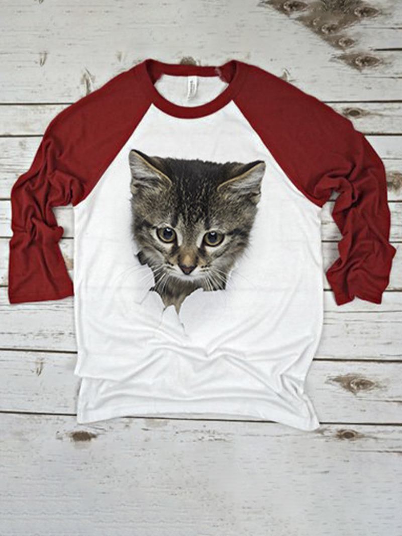 Kvinner 3d Cute Kattetrykk Raglan-ermer Regular Fit Fritids T-skjorte Med Rund Hals