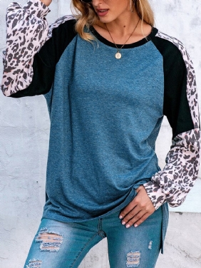 Kvinner Leopard Raglan Sleeve Patchwork O-hals Uformell Løs T-skjorte