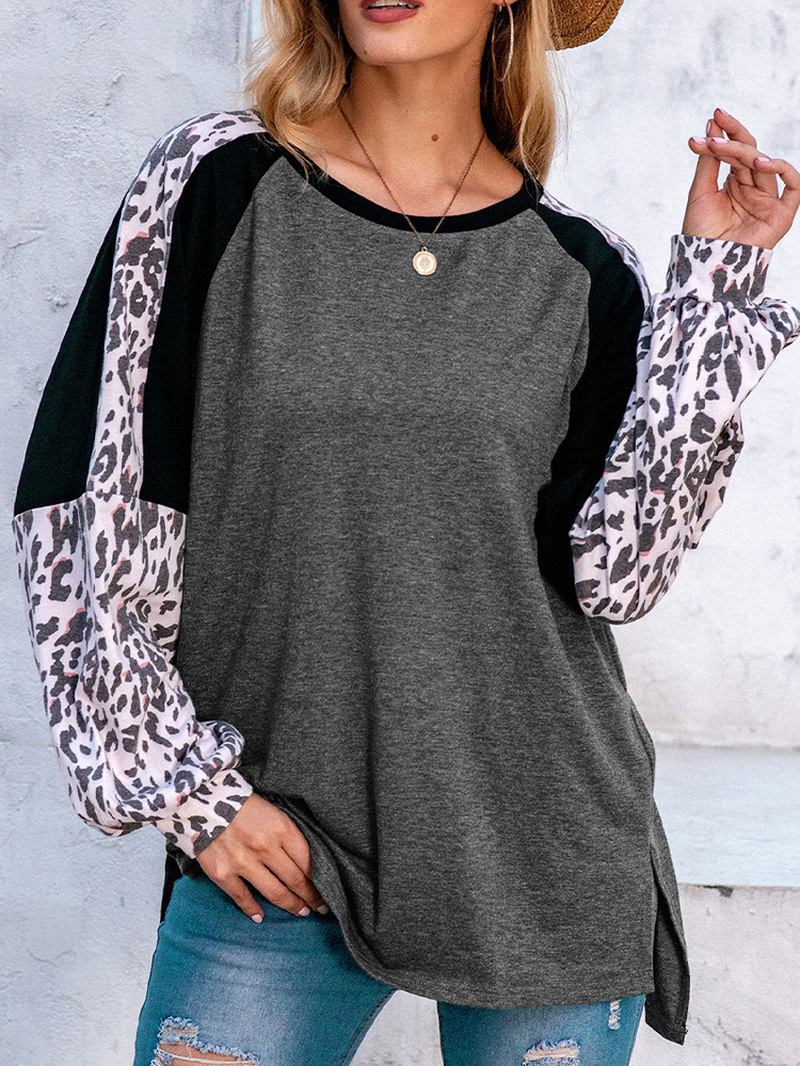 Kvinner Leopard Raglan Sleeve Patchwork O-hals Uformell Løs T-skjorte