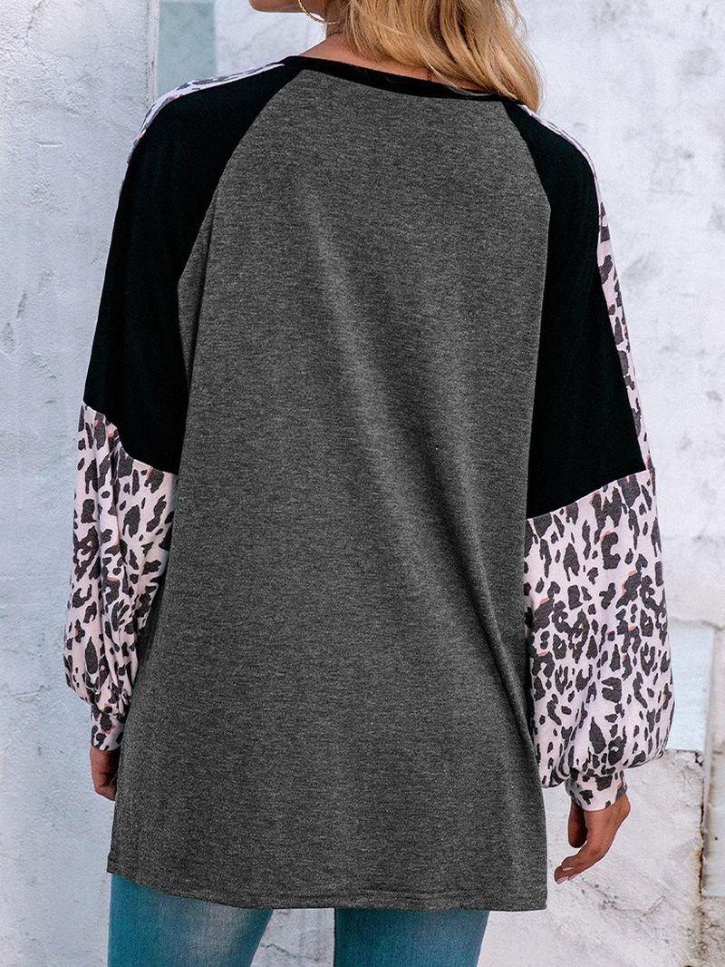 Kvinner Leopard Raglan Sleeve Patchwork O-hals Uformell Løs T-skjorte