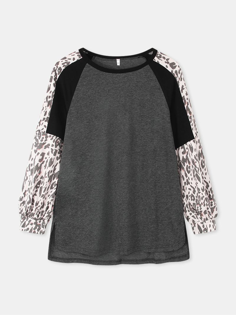 Kvinner Leopard Raglan Sleeve Patchwork O-hals Uformell Løs T-skjorte