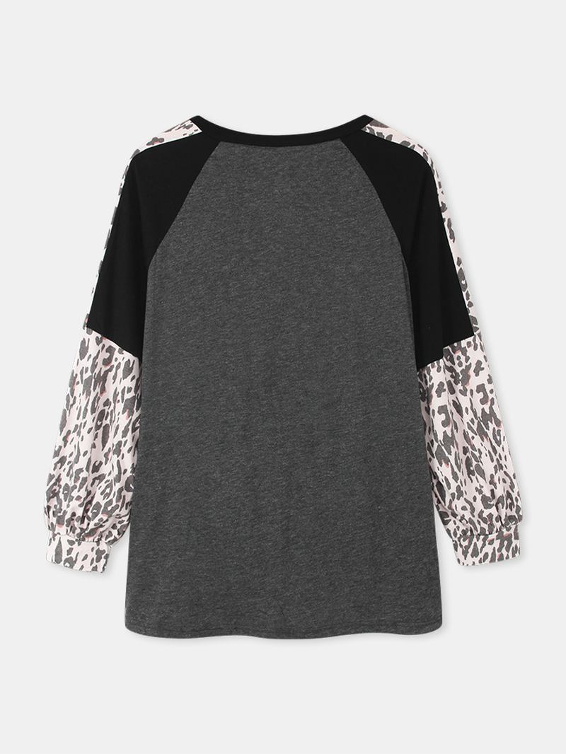 Kvinner Leopard Raglan Sleeve Patchwork O-hals Uformell Løs T-skjorte