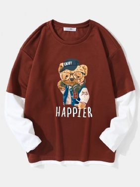 Menn Teddy Bear Med Trykk Letter Fakes Two Drop Shoulder T-skjorter