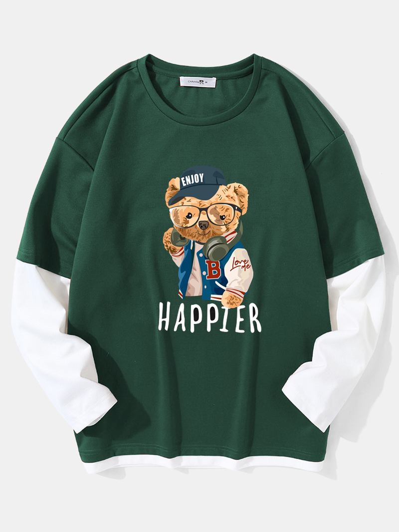 Menn Teddy Bear Med Trykk Letter Fakes Two Drop Shoulder T-skjorter