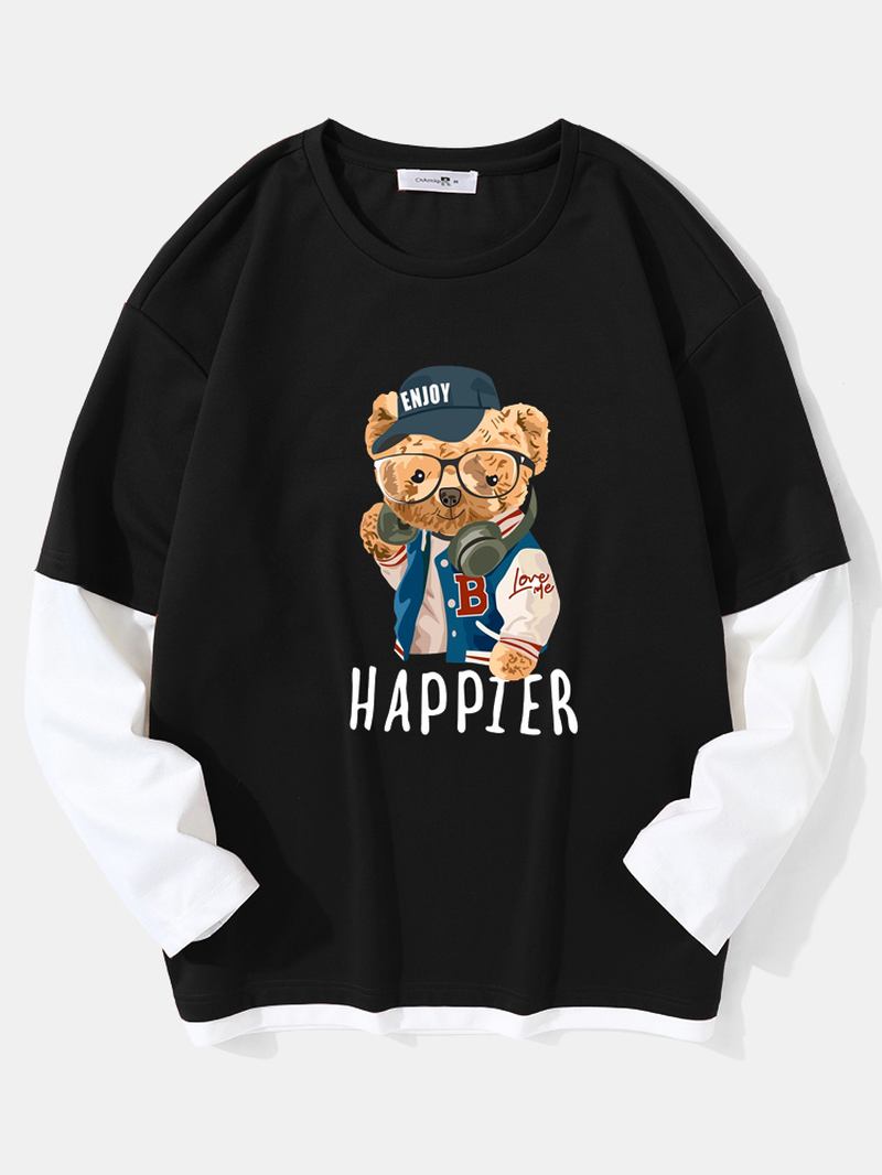 Menn Teddy Bear Med Trykk Letter Fakes Two Drop Shoulder T-skjorter