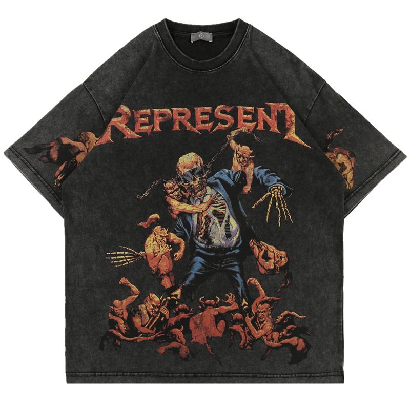 Skull Med Trykk Vasket Distressed Hip Hop Løs Kortermet T-skjorte For Menn