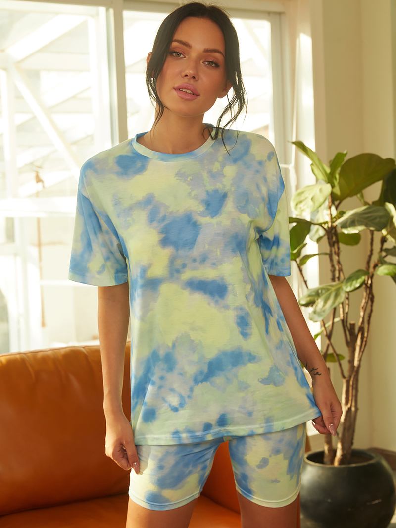 Tie Dye Med Trykk Kvinner Sommersport Todelt Topp Fritids T-skjorter