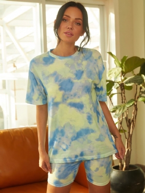 Tie Dye Med Trykk Kvinner Sommersport Todelt Topp Fritids T-skjorter