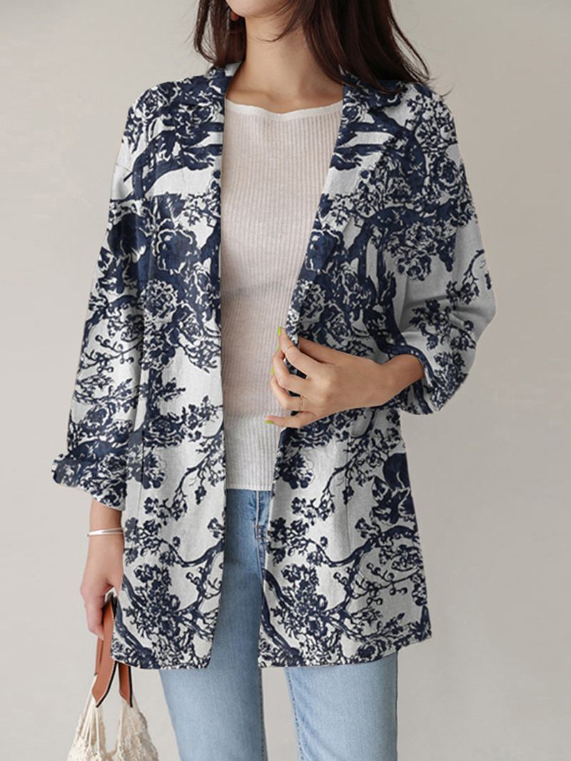 Kvinner Løs Lapel Full Sleeve Blomstrete Fritids Sidelommer Coat