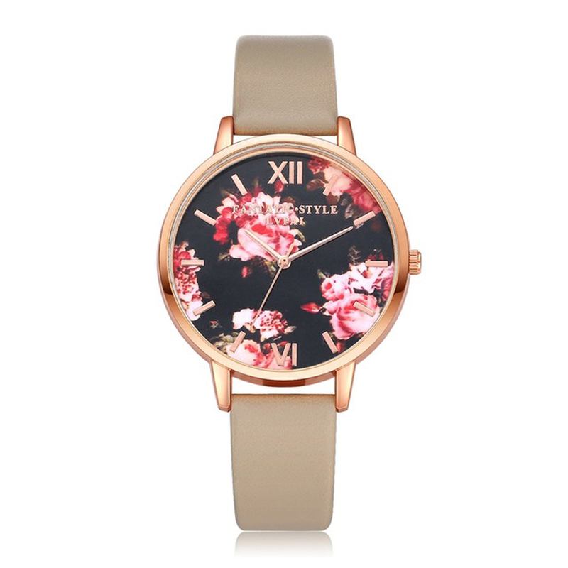 Blomstrete Display Elegant Design Dame Armbåndsur Pu Leather Band Quartz Watch