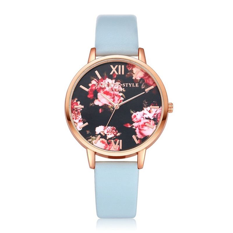 Blomstrete Display Elegant Design Dame Armbåndsur Pu Leather Band Quartz Watch