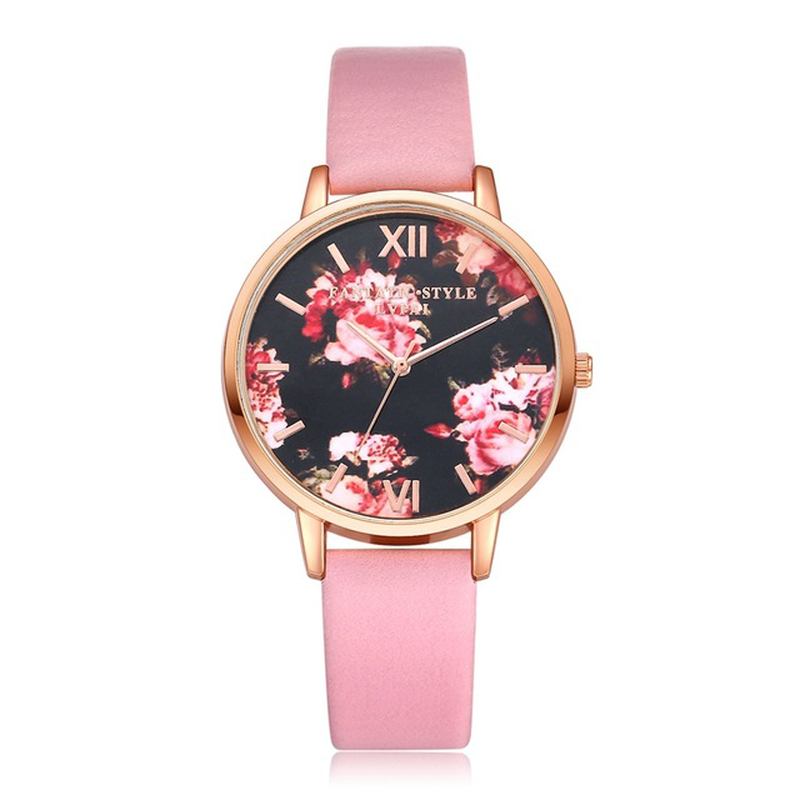 Blomstrete Display Elegant Design Dame Armbåndsur Pu Leather Band Quartz Watch