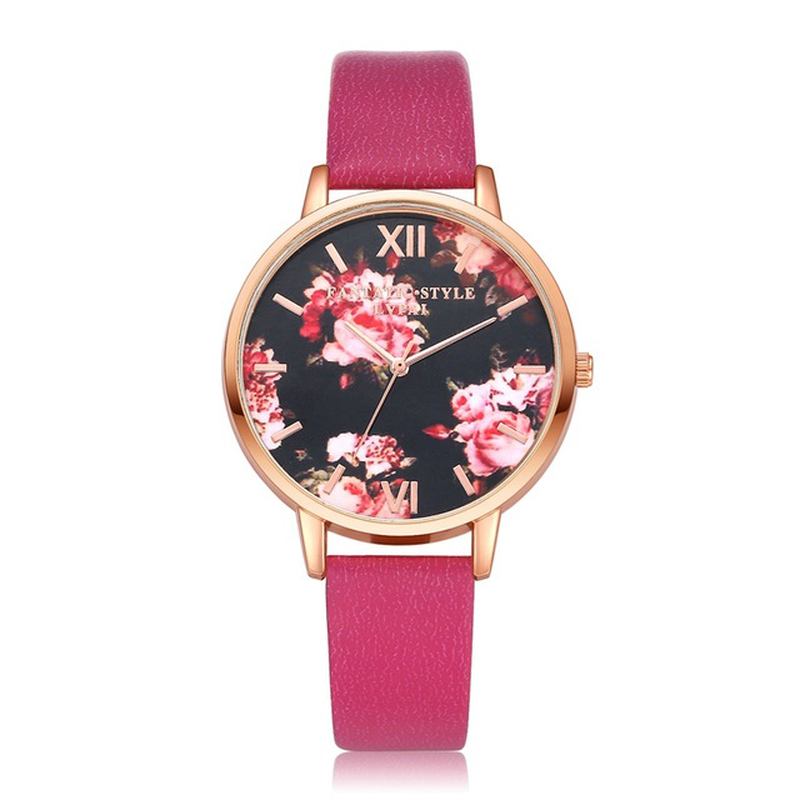 Blomstrete Display Elegant Design Dame Armbåndsur Pu Leather Band Quartz Watch