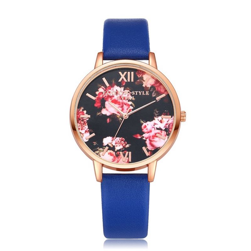 Blomstrete Display Elegant Design Dame Armbåndsur Pu Leather Band Quartz Watch