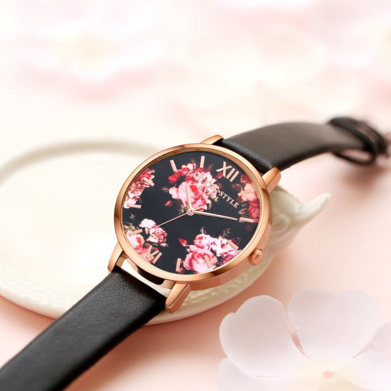 Blomstrete Display Elegant Design Dame Armbåndsur Pu Leather Band Quartz Watch