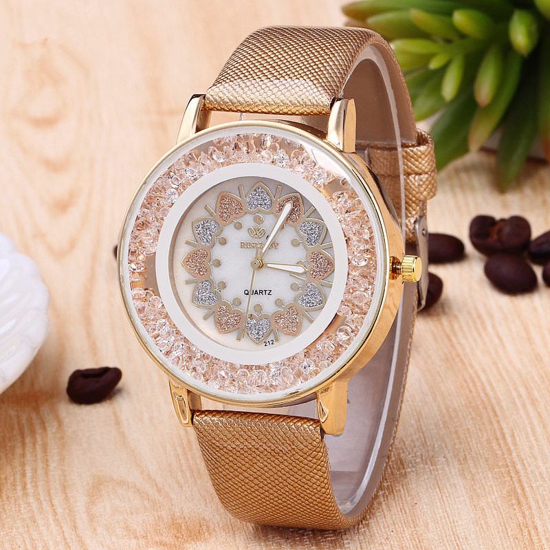 Crystal Shining Dress Dame Watch Rose Gold Case Leather Strap Quartz Klokker