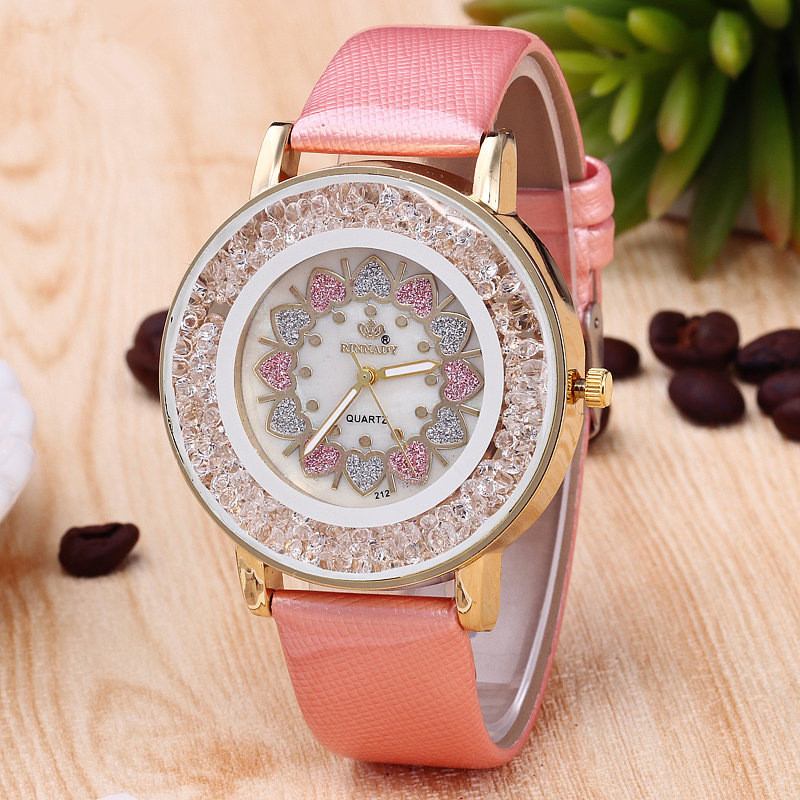 Crystal Shining Dress Dame Watch Rose Gold Case Leather Strap Quartz Klokker