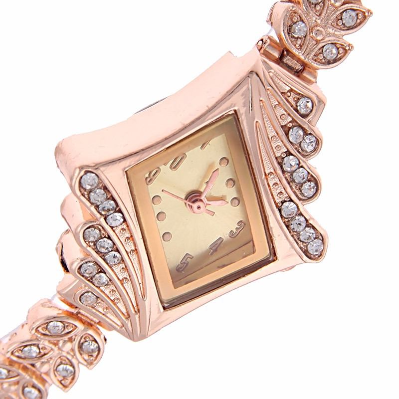 Mote Dame Kjole Se Diamond Shape Crystal Leaf Kvinner Armbånd Quartz Watch