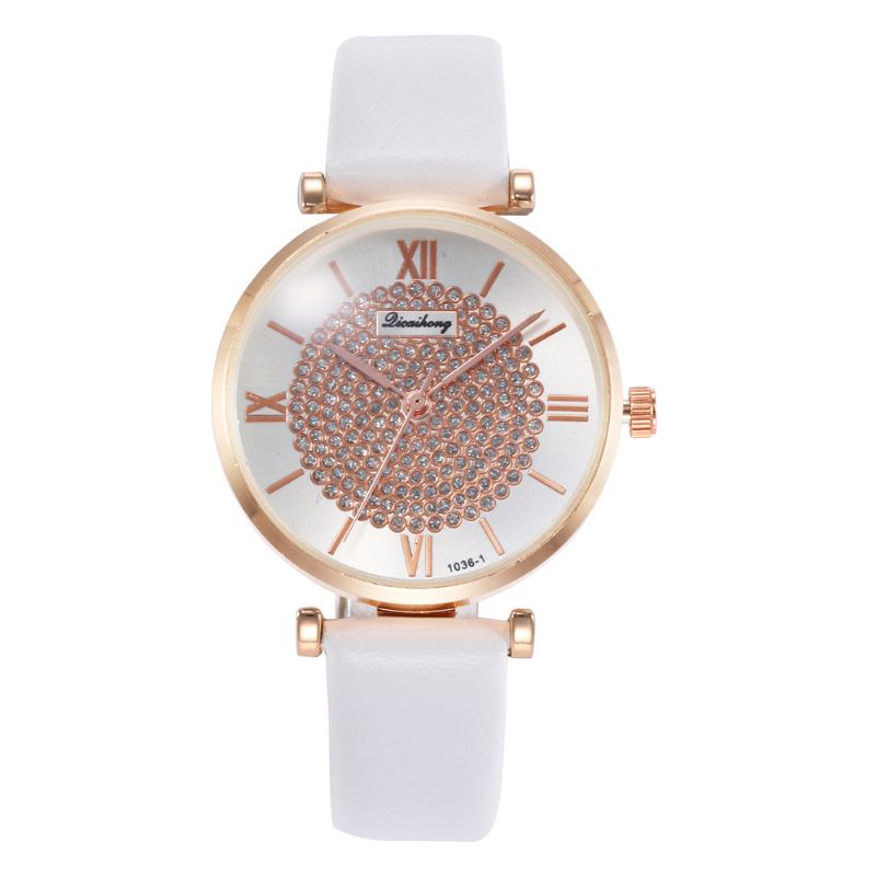 Roman Number Crystal Elegant Design Dame Watch Leather Band Quartz Klokker