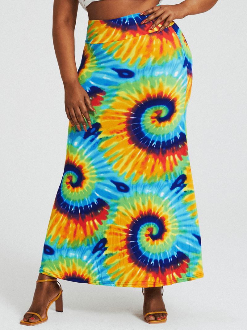 Bohemia Tie Dye Med Trykk Høy Midje Rumpe Bodycon Langt Skjørt