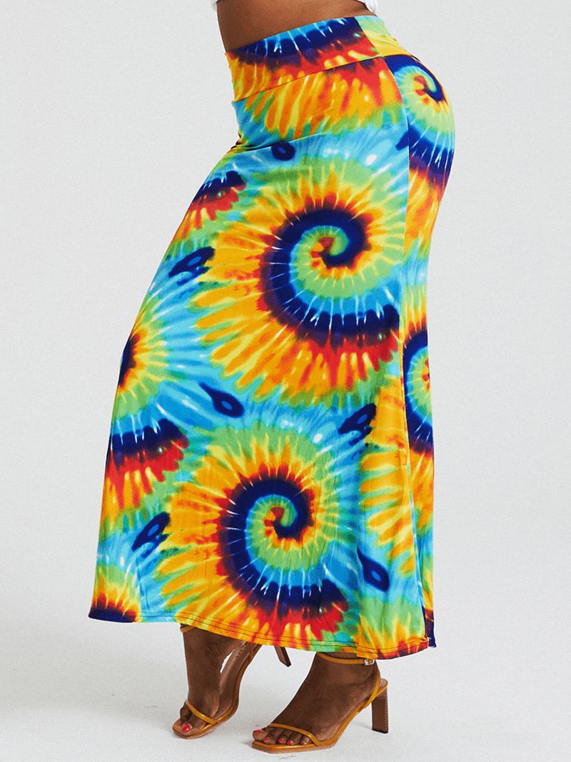 Bohemia Tie Dye Med Trykk Høy Midje Rumpe Bodycon Langt Skjørt