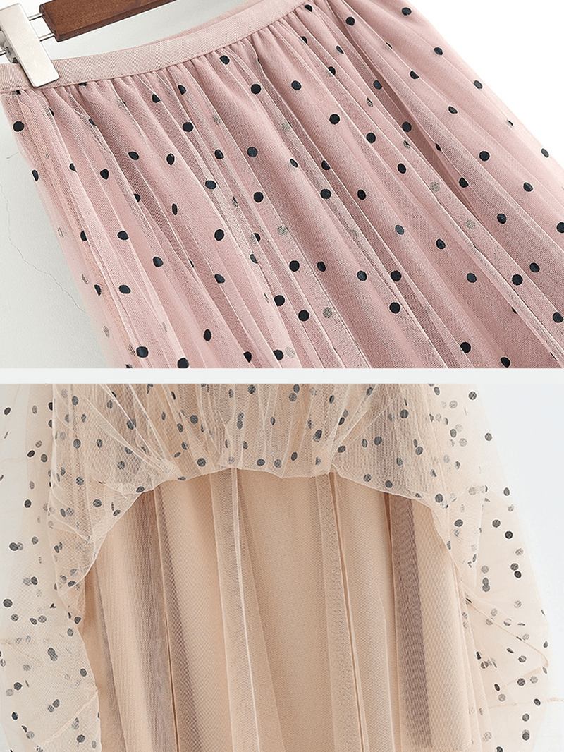 Kvinner Polka Dot Med Trykk Gaze Elastisk Midje Midi Mesh Plissert Skjørt