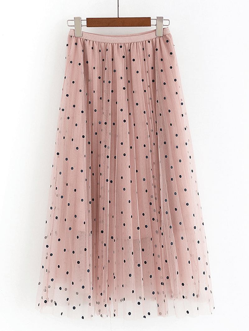 Kvinner Polka Dot Med Trykk Gaze Elastisk Midje Midi Mesh Plissert Skjørt