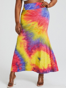 Tie Dye Med Trykk Høy Midje Rumpe Bodycon Langt Skjørt