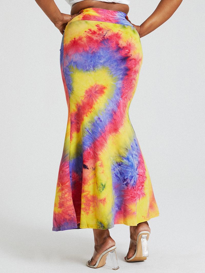 Tie Dye Med Trykk Høy Midje Rumpe Bodycon Langt Skjørt