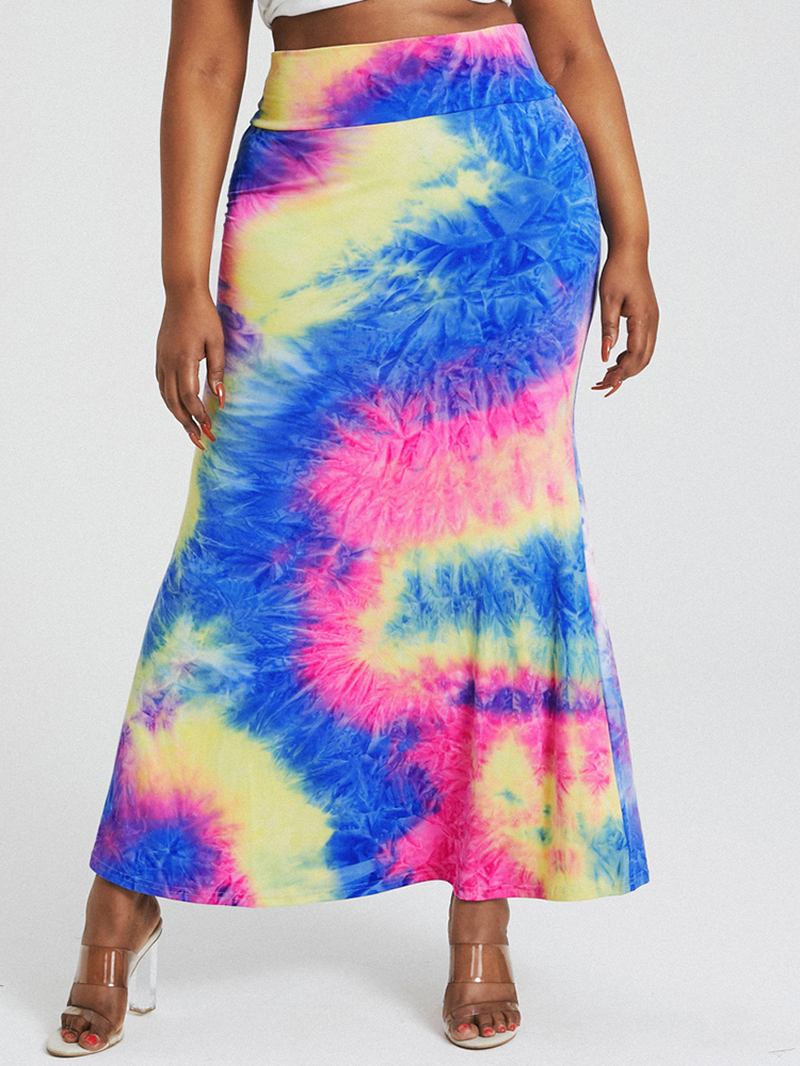 Tie Dye Med Trykk Høy Midje Rumpe Bodycon Langt Skjørt