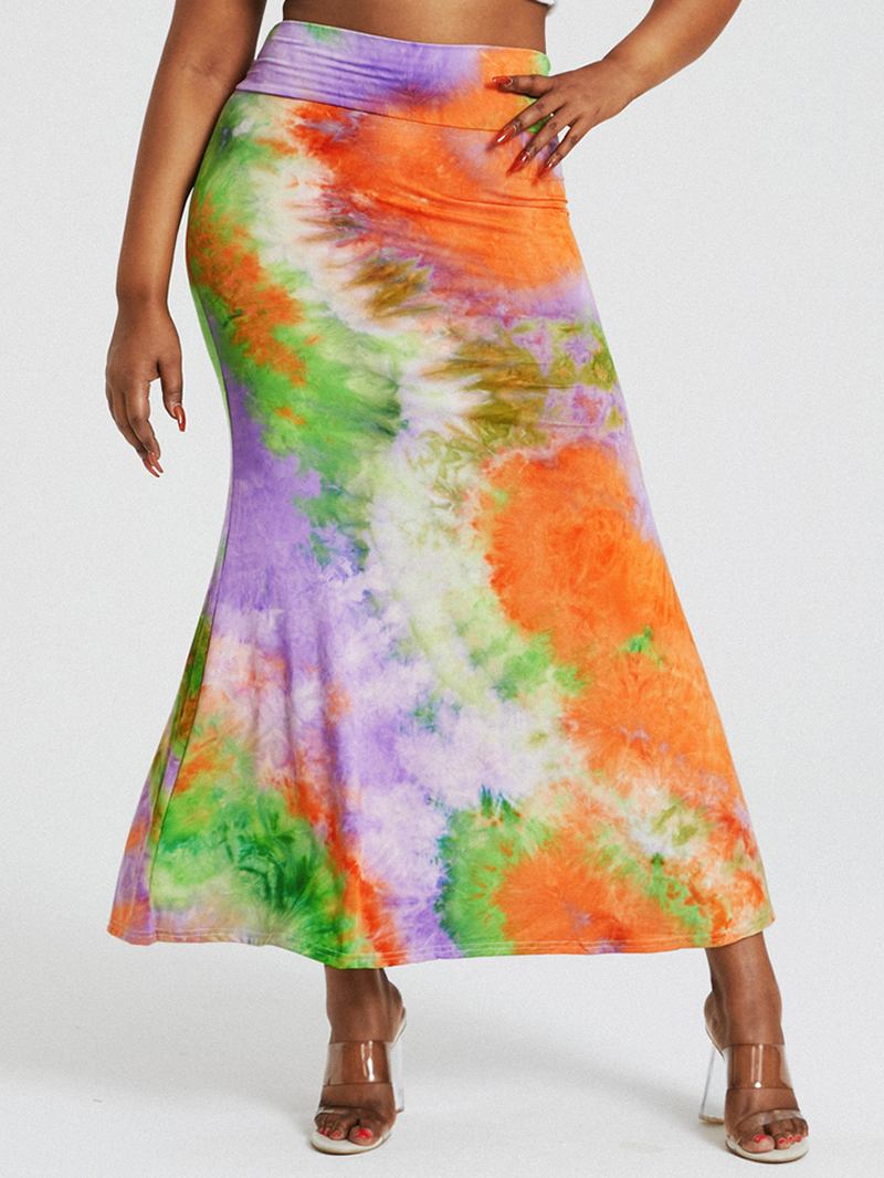 Tie Dye Med Trykk Høy Midje Rumpe Bodycon Langt Skjørt