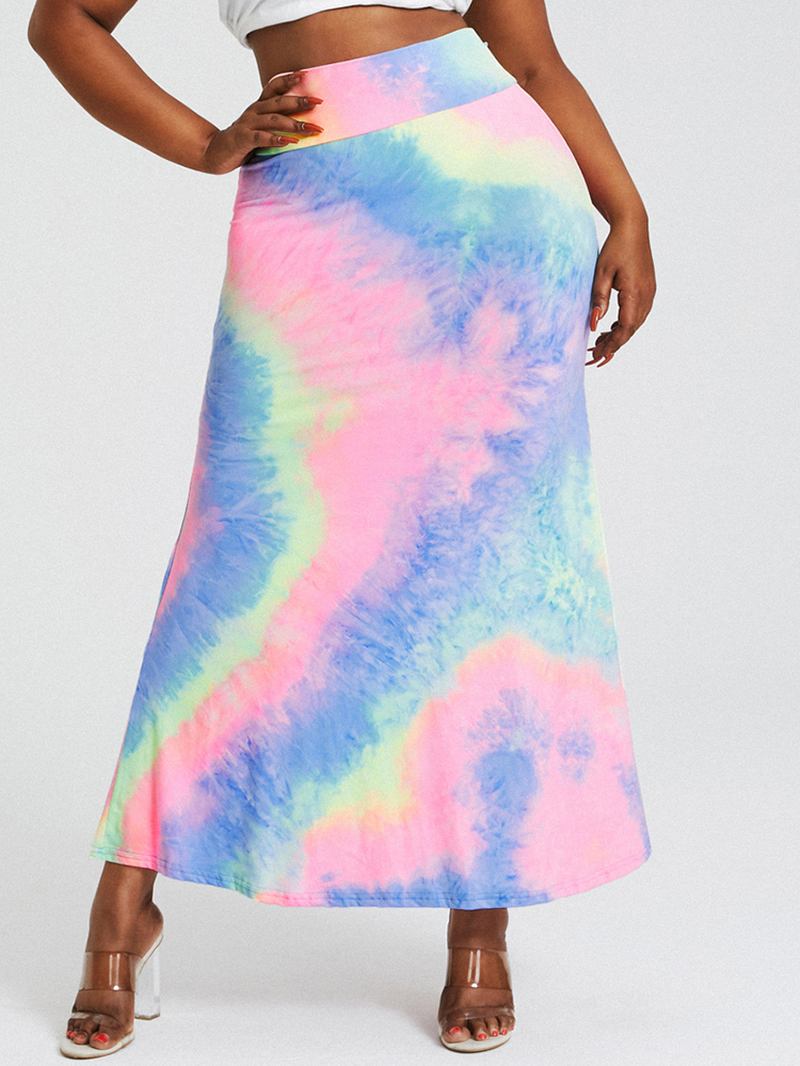 Tie Dye Med Trykk Høy Midje Rumpe Bodycon Langt Skjørt