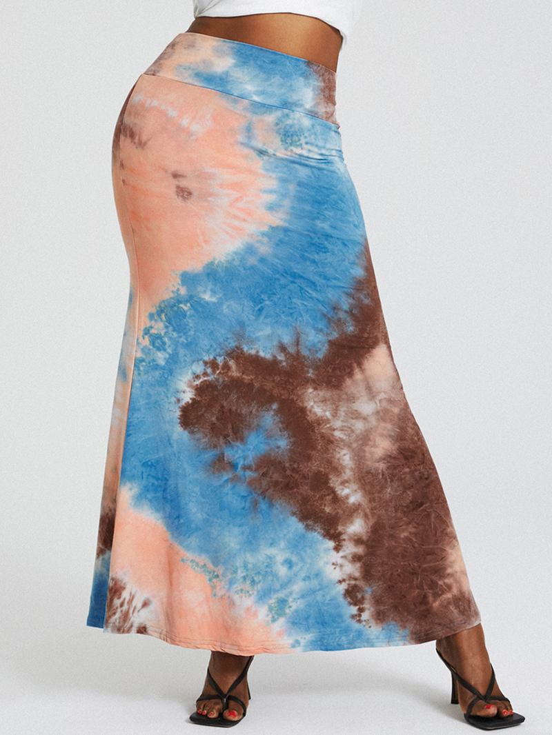 Tie Dye Med Trykk Høy Midje Rumpe Bodycon Langt Skjørt