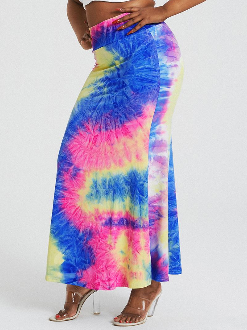 Tie Dye Med Trykk Høy Midje Rumpe Bodycon Langt Skjørt