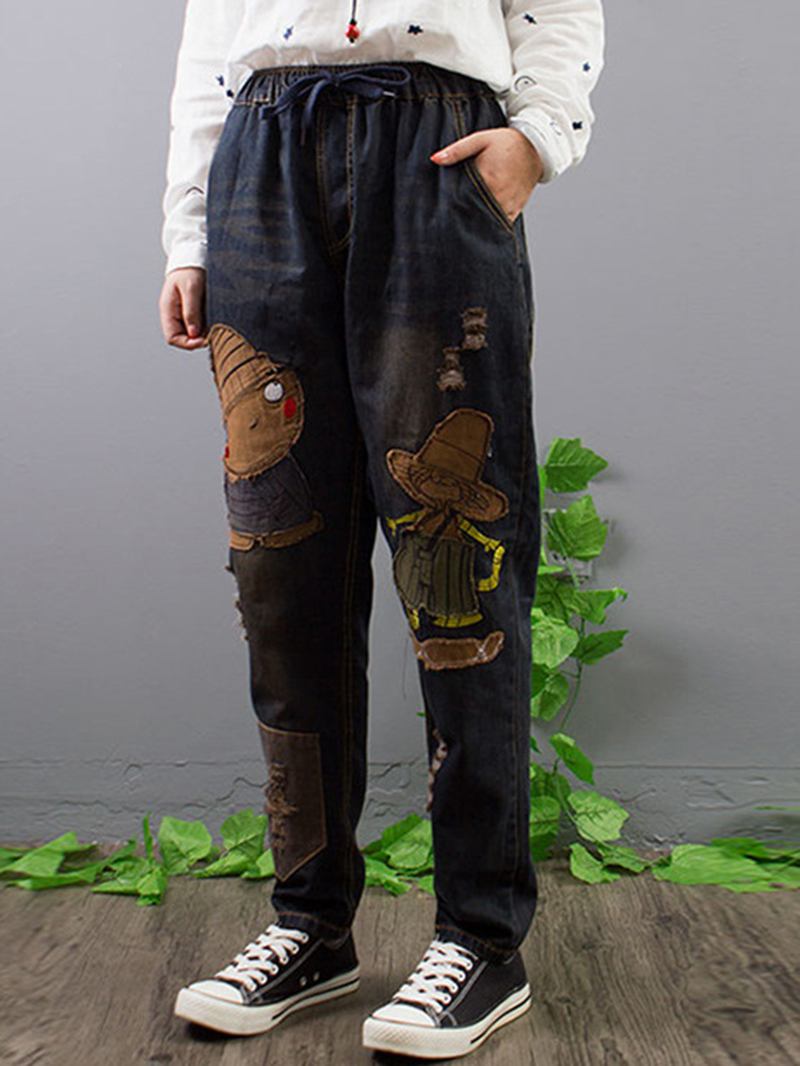 Broderi Patchwork Jeans Med Elastisk Midje