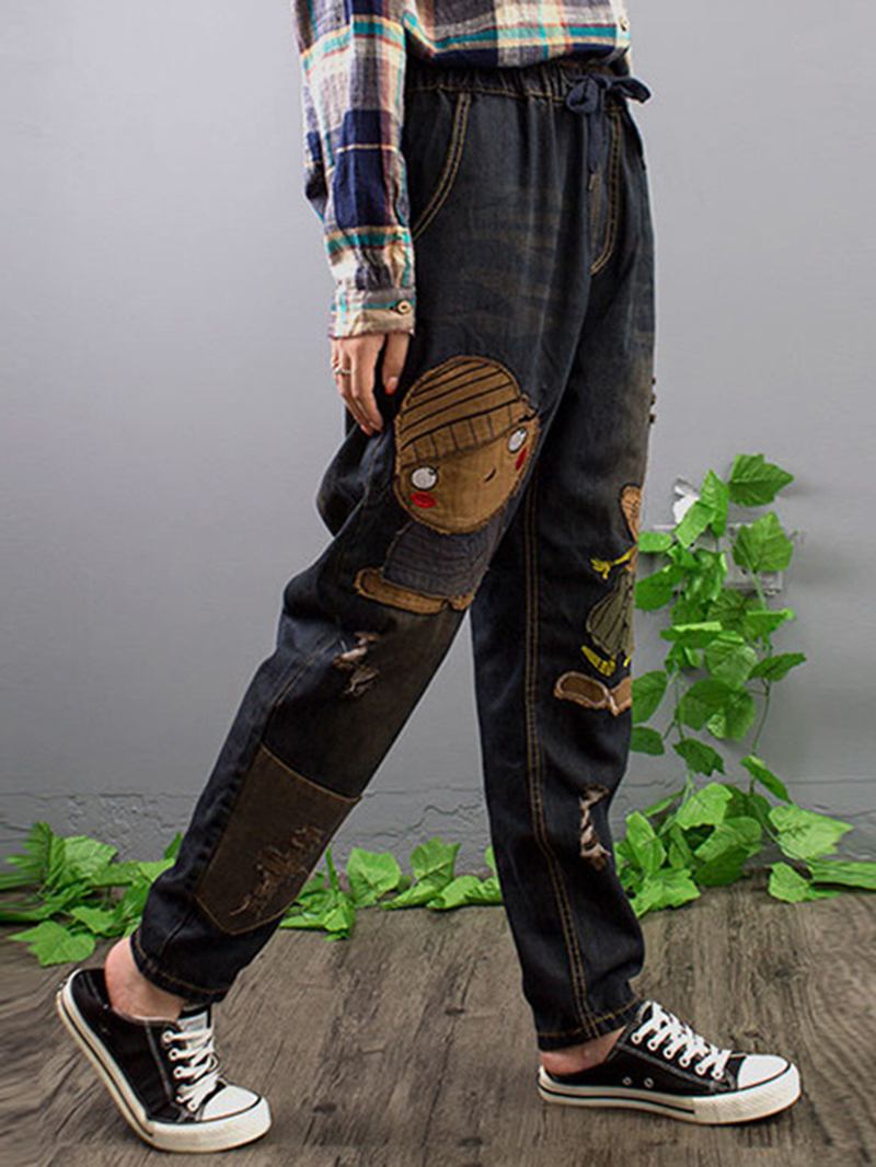 Broderi Patchwork Jeans Med Elastisk Midje