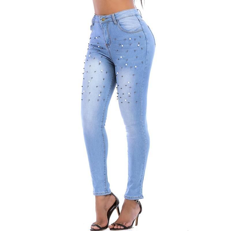 Dame Jeans Bukser Skinny Pearl Beaded Front Jeans Sommer Vår Midje Midje Glidelås Lang Denim Uformelle Bukser