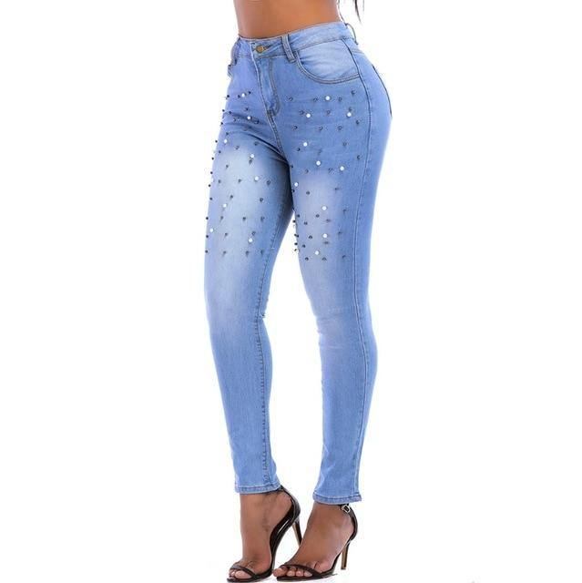 Dame Jeans Bukser Skinny Pearl Beaded Front Jeans Sommer Vår Midje Midje Glidelås Lang Denim Uformelle Bukser