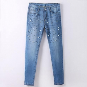 Denim Kvinner Skinny Jeans Med Perler Bukser Slim Pearl Jeans Kvinne 2018 Mid Waist Blyant Jean For Dame