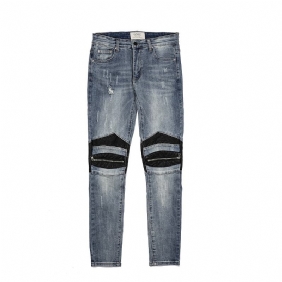 High Gate Style Leather Patch Glidelås Motorsykkel Small Feet Slim Stretch Jeans