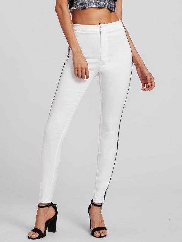 Kontrasttape Hvit Skinny Jeans Fritidsknapp Fly Stretchy Lange Denimbukser Dame Moteklær Uformelle Jeans