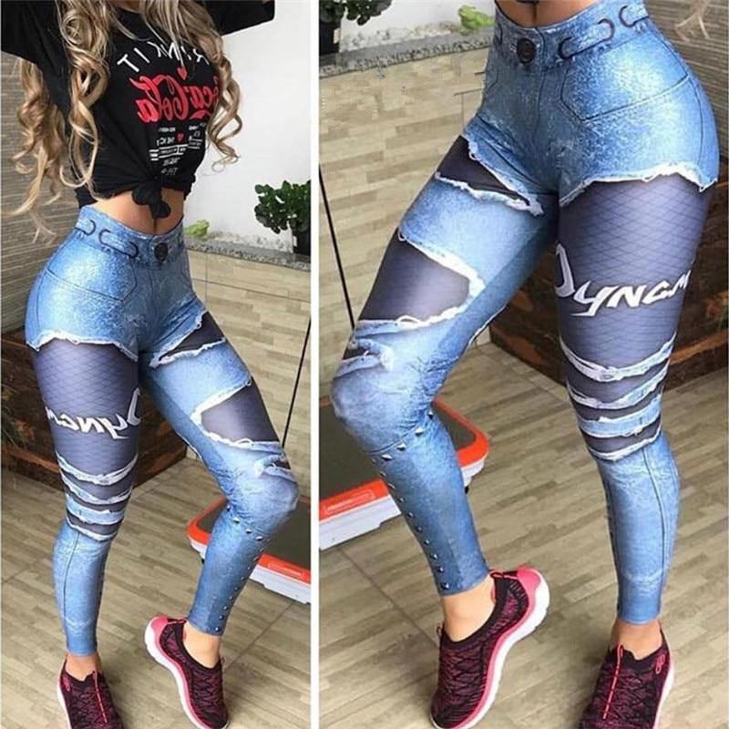 Kvinner 3d-trykt Falske Denim Blue Mesh Leggings Elastisk Trening Legging Bukser Mote 2024 Kvinnelige Leggings Plus Size Femme