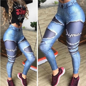 Kvinner 3d-trykt Falske Denim Blue Mesh Leggings Elastisk Trening Legging Bukser Mote 2024 Kvinnelige Leggings Plus Size Femme