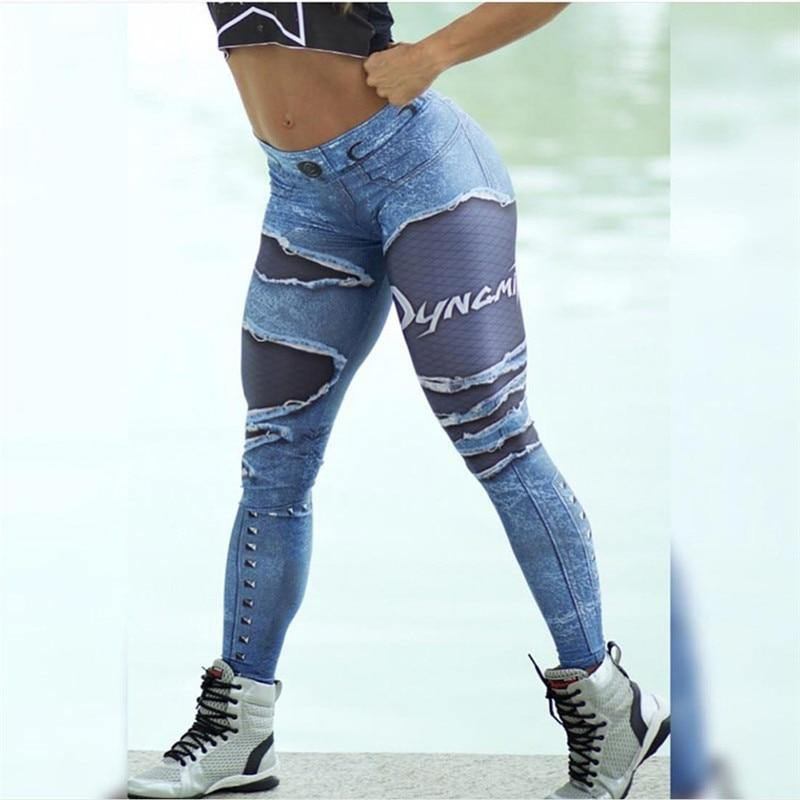 Kvinner 3d-trykt Falske Denim Blue Mesh Leggings Elastisk Trening Legging Bukser Mote 2024 Kvinnelige Leggings Plus Size Femme