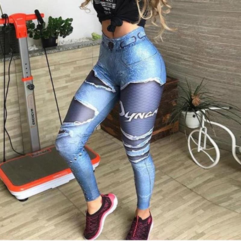 Kvinner 3d-trykt Falske Denim Blue Mesh Leggings Elastisk Trening Legging Bukser Mote 2024 Kvinnelige Leggings Plus Size Femme