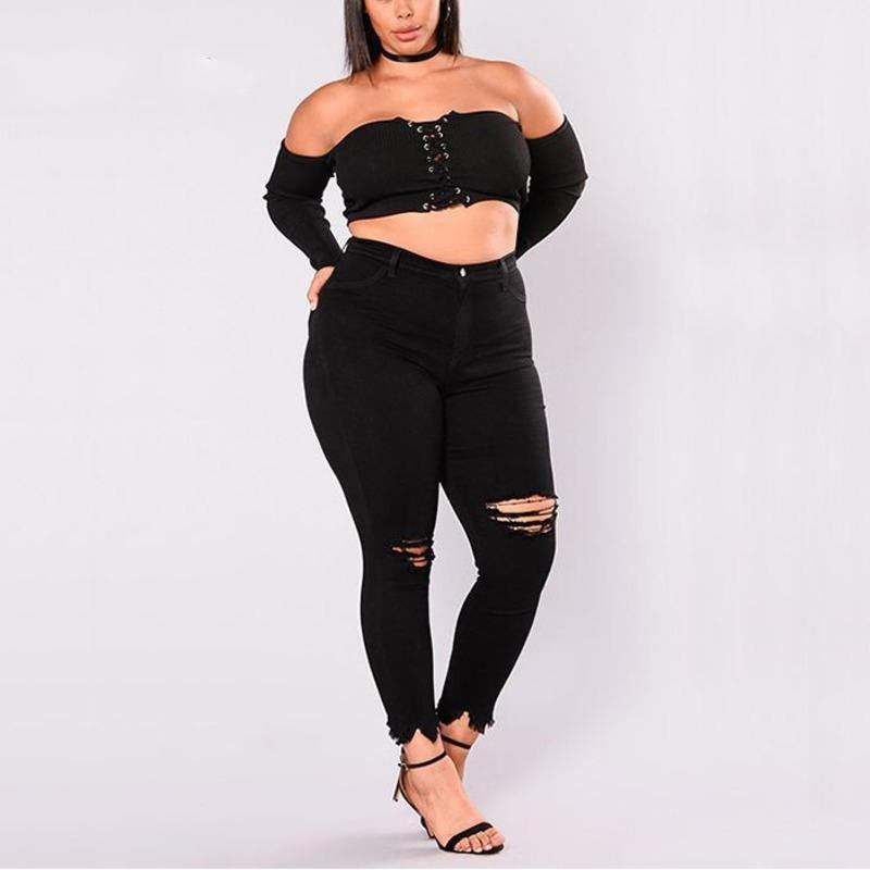 Kvinner Hull Plus Size Jeans Bukser Skinny Elastisk Pencil Bukser Mid Waist Black Jeans Kvinne Fritids Vår 2-7xl Bukser