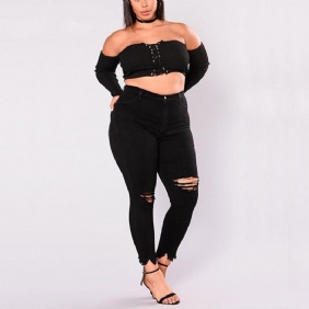 Kvinner Hull Plus Size Jeans Bukser Skinny Elastisk Pencil Bukser Mid Waist Black Jeans Kvinne Fritids Vår 2-7xl Bukser